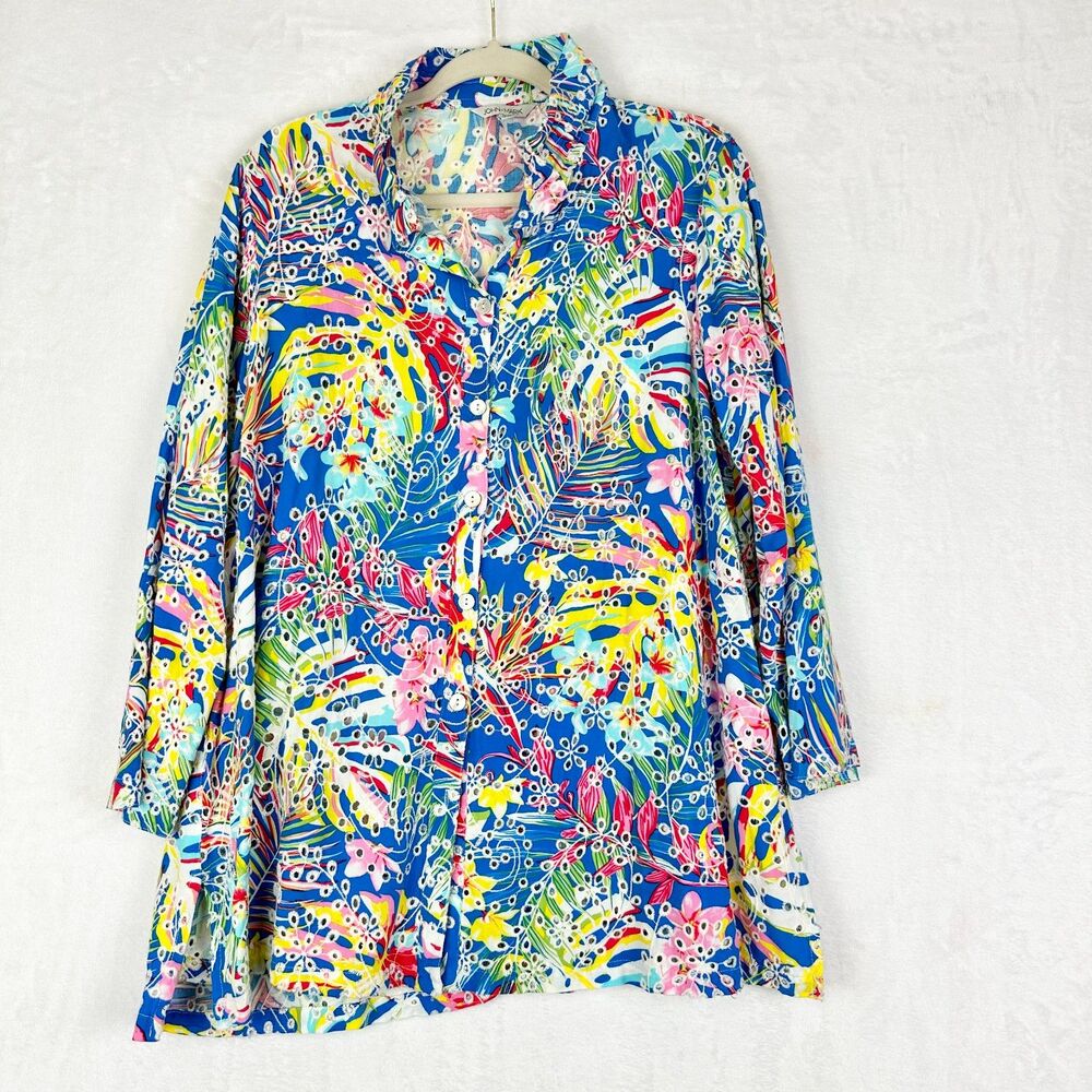 John Mark Floral Embroidered Eyelet Button Down Tunic Size XL Wire Collar Multi